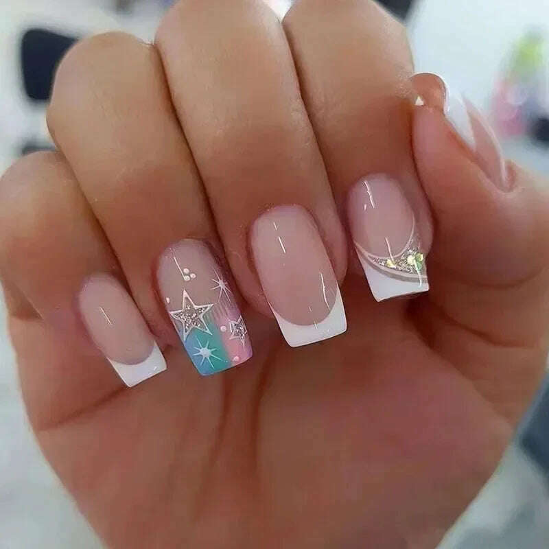 24Pcs Simple Square False Nails Short French Fake Nails Press on Colorful Flowers Design Full Cover Nail Tips Manicure Tools - KIMLUD