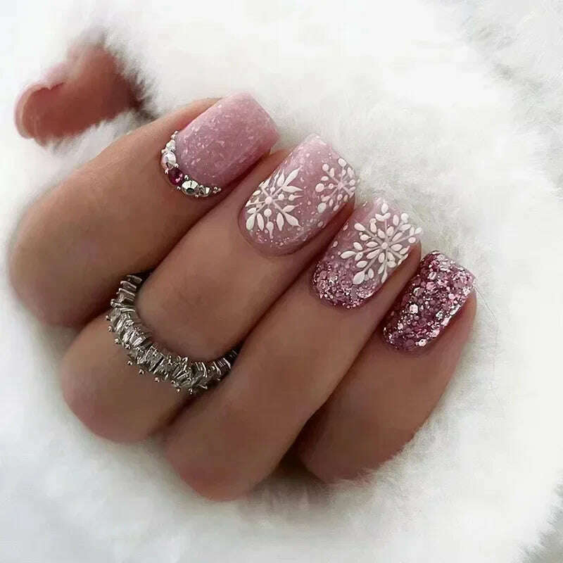 24Pcs Simple Square False Nails Short French Fake Nails Press on Colorful Flowers Design Full Cover Nail Tips Manicure Tools - KIMLUD