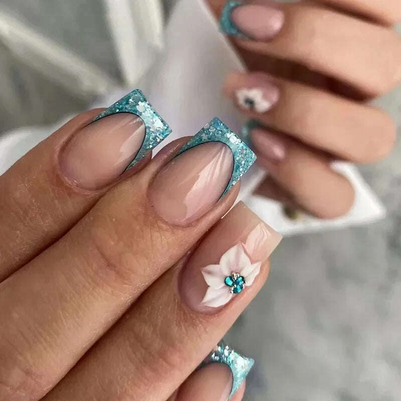 24Pcs Simple Square False Nails Short French Fake Nails Press on Colorful Flowers Design Full Cover Nail Tips Manicure Tools - KIMLUD