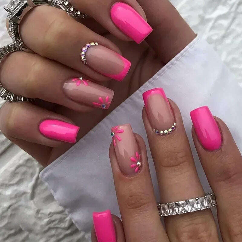 24Pcs Simple Square False Nails Short French Fake Nails Press on Colorful Flowers Design Full Cover Nail Tips Manicure Tools - KIMLUD