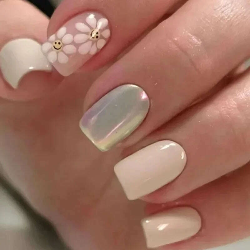 24Pcs Simple Square False Nails Short French Fake Nails Press on Colorful Flowers Design Full Cover Nail Tips Manicure Tools - KIMLUD