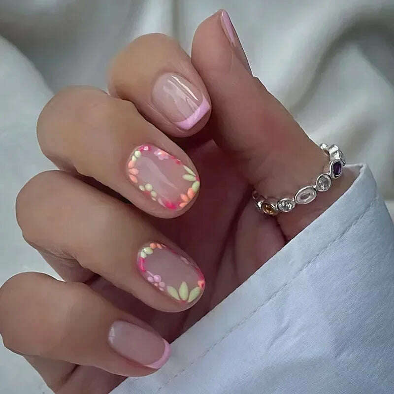 24Pcs Simple Square False Nails Short French Fake Nails Press on Colorful Flowers Design Full Cover Nail Tips Manicure Tools - KIMLUD