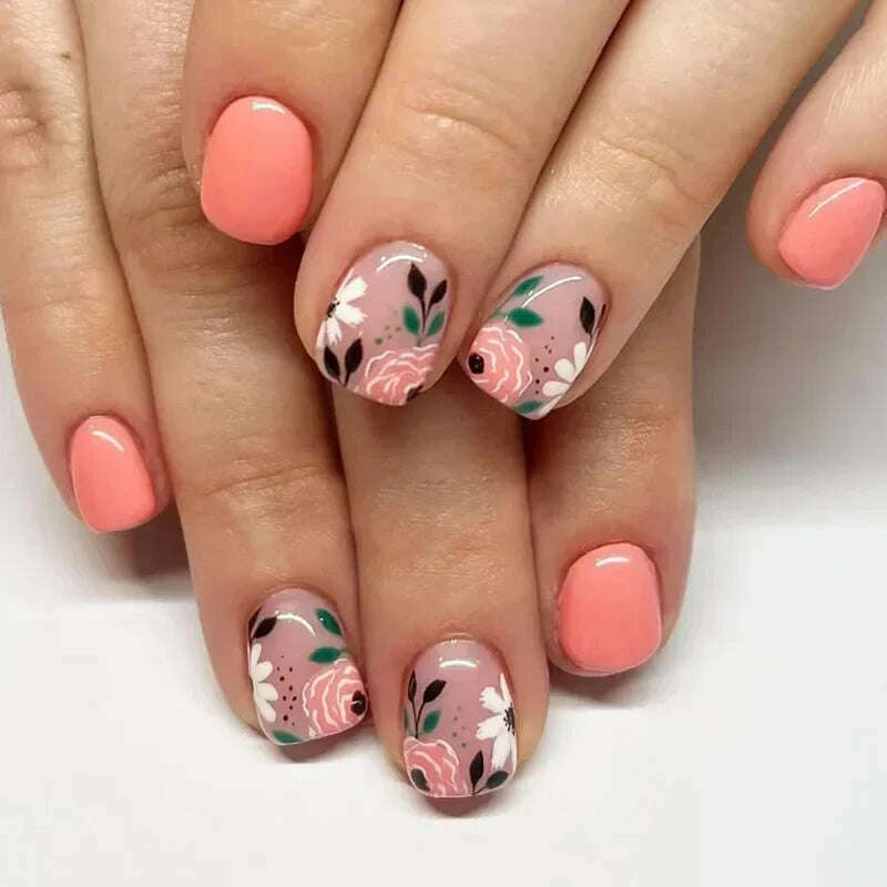 24Pcs Simple Square False Nails Short French Fake Nails Press on Colorful Flowers Design Full Cover Nail Tips Manicure Tools - KIMLUD