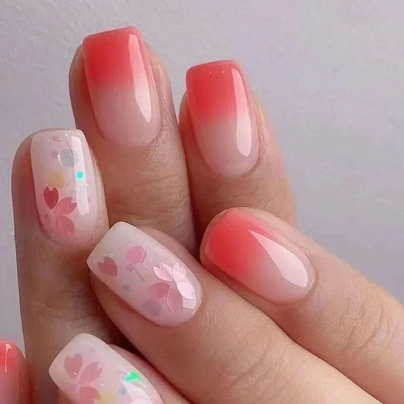 24Pcs Simple Square False Nails Short French Fake Nails Press on Colorful Flowers Design Full Cover Nail Tips Manicure Tools - KIMLUD