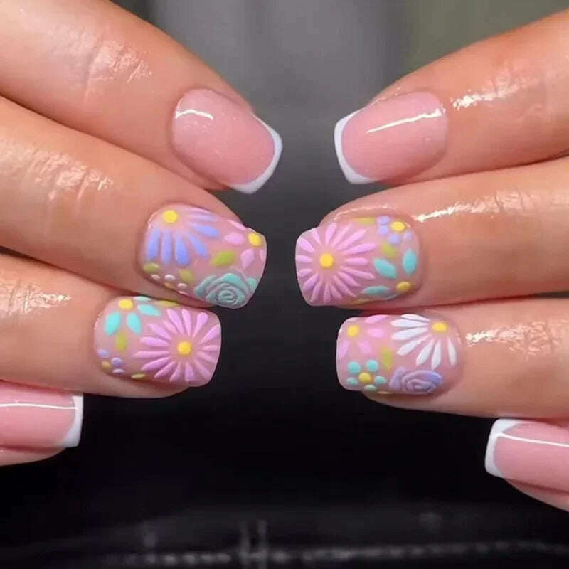 24Pcs Simple Square False Nails Short French Fake Nails Press on Colorful Flowers Design Full Cover Nail Tips Manicure Tools - KIMLUD