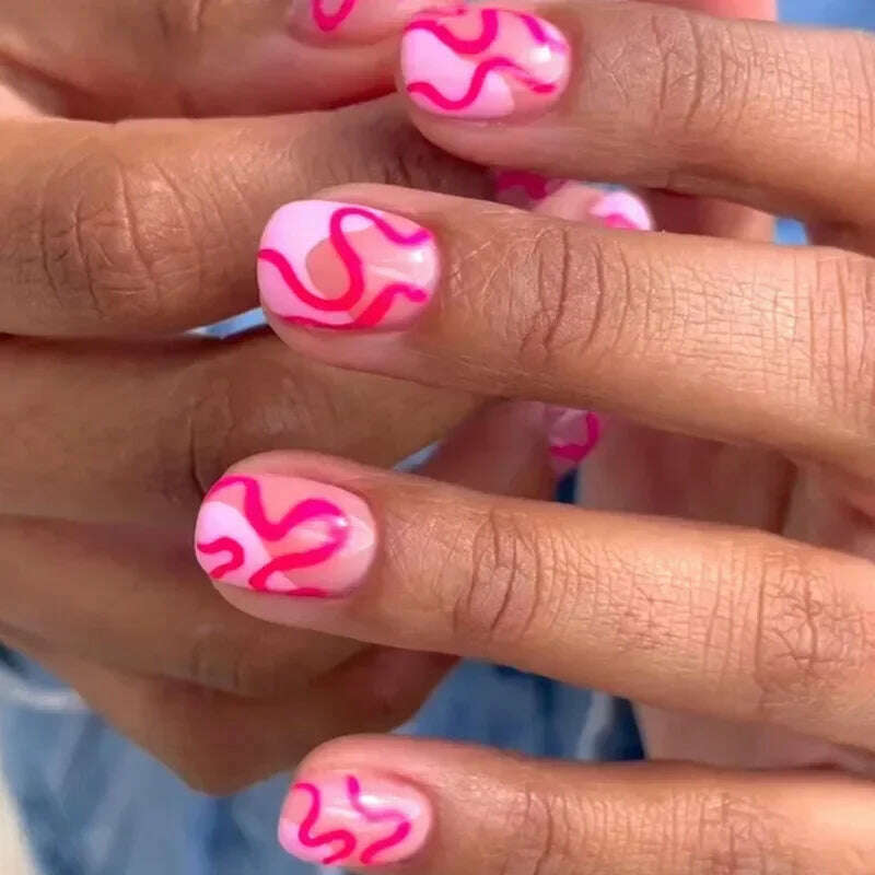 24Pcs Simple Square False Nails Short French Fake Nails Press on Colorful Flowers Design Full Cover Nail Tips Manicure Tools - KIMLUD