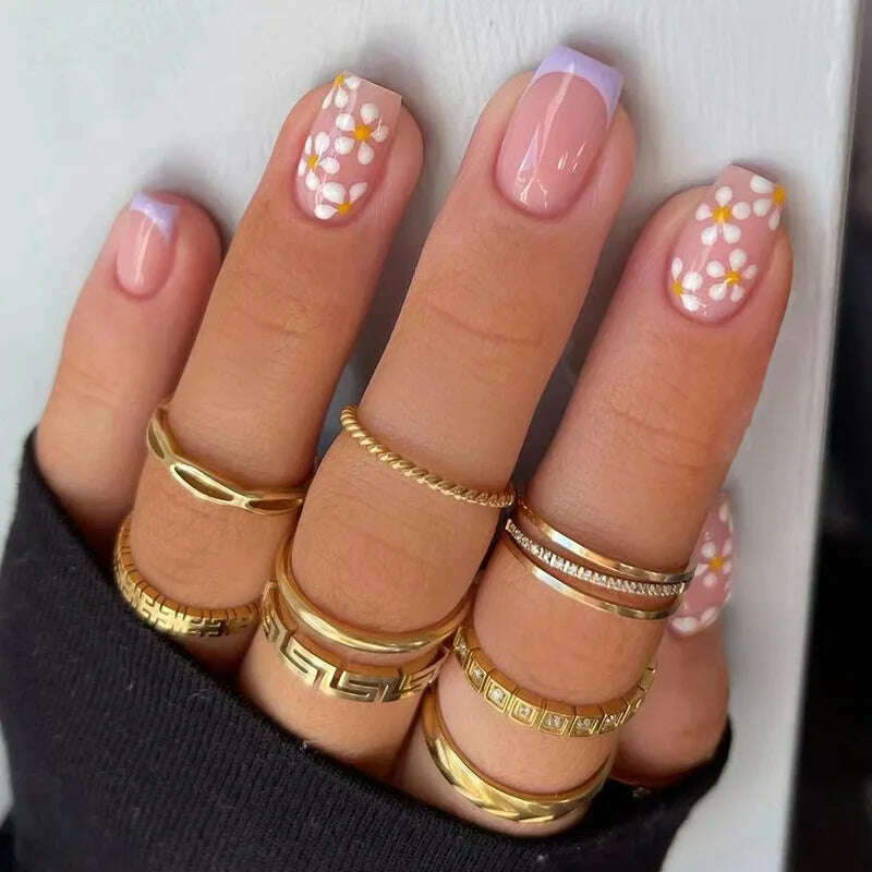 24Pcs Simple Square False Nails Short French Fake Nails Press on Colorful Flowers Design Full Cover Nail Tips Manicure Tools - KIMLUD