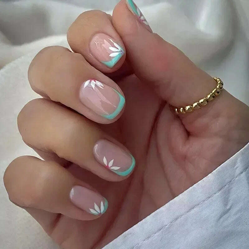 24Pcs Simple Square False Nails Short French Fake Nails Press on Colorful Flowers Design Full Cover Nail Tips Manicure Tools - KIMLUD
