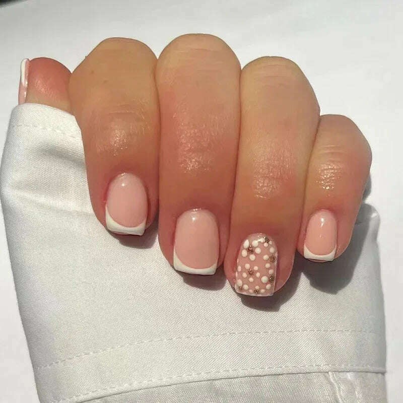 24Pcs Simple Square False Nails Short French Fake Nails Press on Colorful Flowers Design Full Cover Nail Tips Manicure Tools - KIMLUD