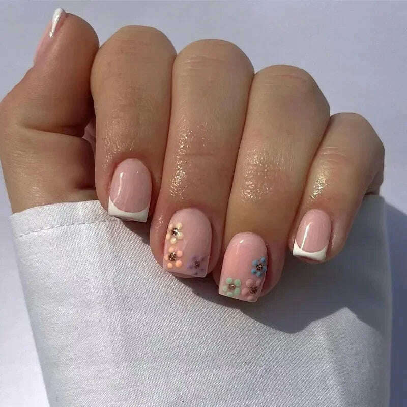 24Pcs Simple Square False Nails Short French Fake Nails Press on Colorful Flowers Design Full Cover Nail Tips Manicure Tools - KIMLUD