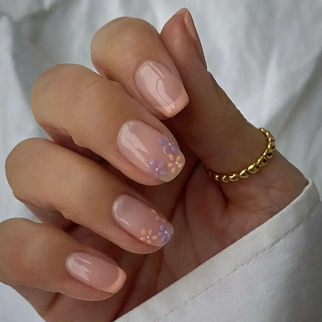 24Pcs Simple Square False Nails Short French Fake Nails Press on Colorful Flowers Design Full Cover Nail Tips Manicure Tools - KIMLUD