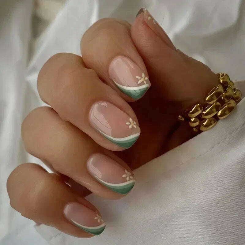 24Pcs Simple Square False Nails Short French Fake Nails Press on Colorful Flowers Design Full Cover Nail Tips Manicure Tools - KIMLUD