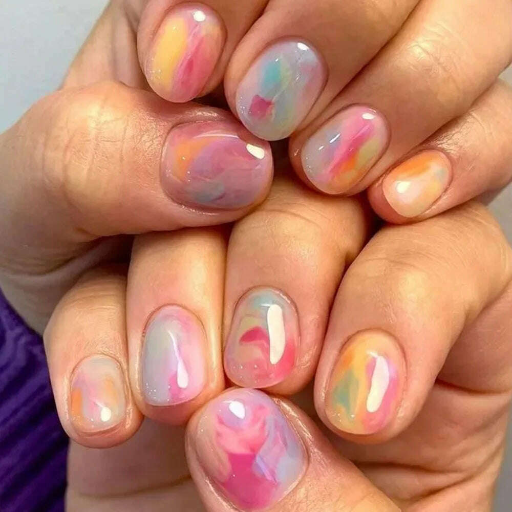 24Pcs Simple Square False Nails Short French Fake Nails Press on Colorful Flowers Design Full Cover Nail Tips Manicure Tools - KIMLUD