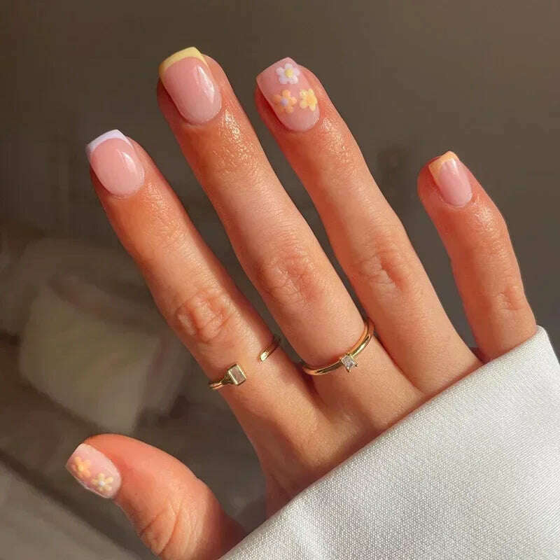 24Pcs Simple Square False Nails Short French Fake Nails Press on Colorful Flowers Design Full Cover Nail Tips Manicure Tools - KIMLUD