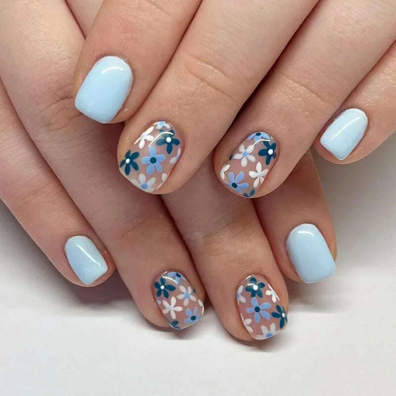 24Pcs Simple Square False Nails Short French Fake Nails Press on Colorful Flowers Design Full Cover Nail Tips Manicure Tools - KIMLUD