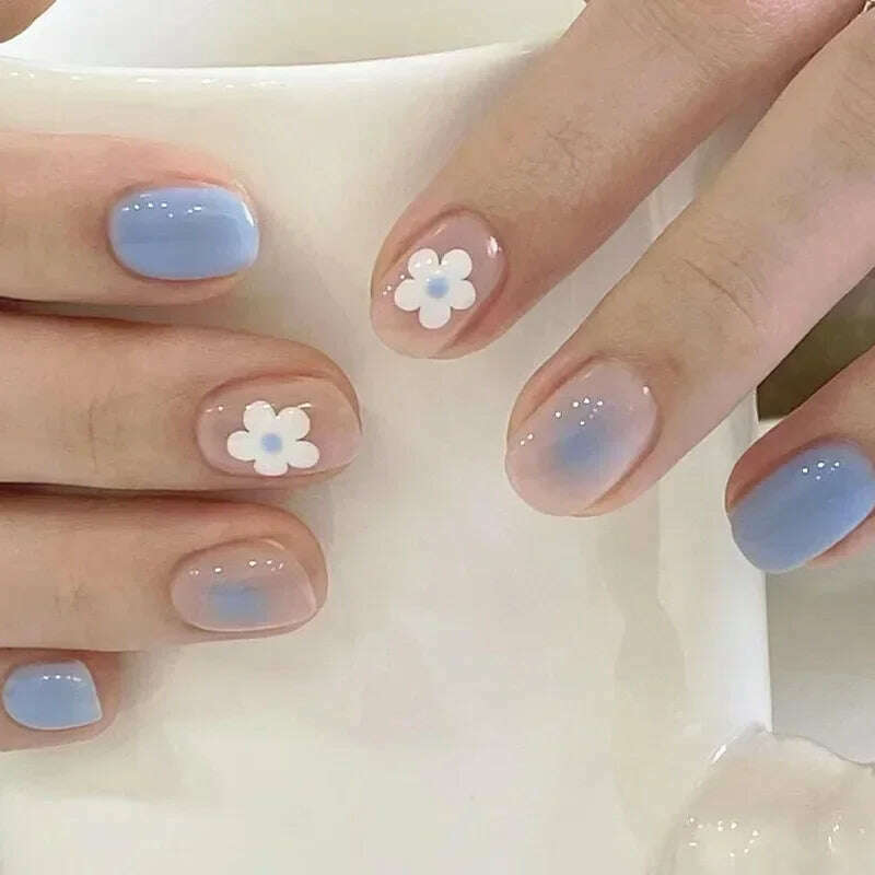 24Pcs Simple Square False Nails Short French Fake Nails Press on Colorful Flowers Design Full Cover Nail Tips Manicure Tools - KIMLUD