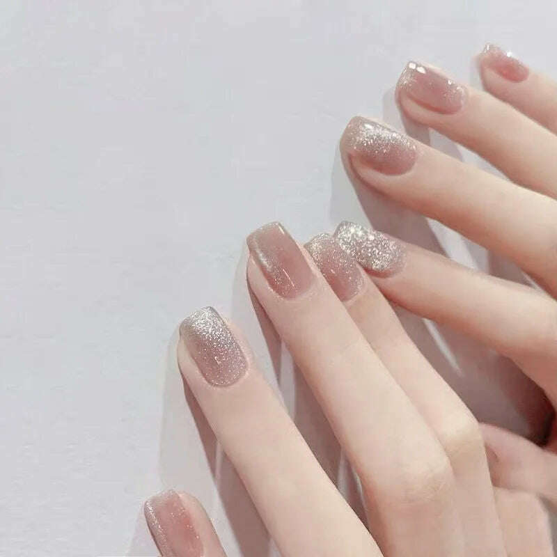 24pcs/box Cat Eye Phototherapy Nail Patch Wearable Fake Nail Short False Nail Wedding For Winter Autumn wearable full cover - KIMLUD