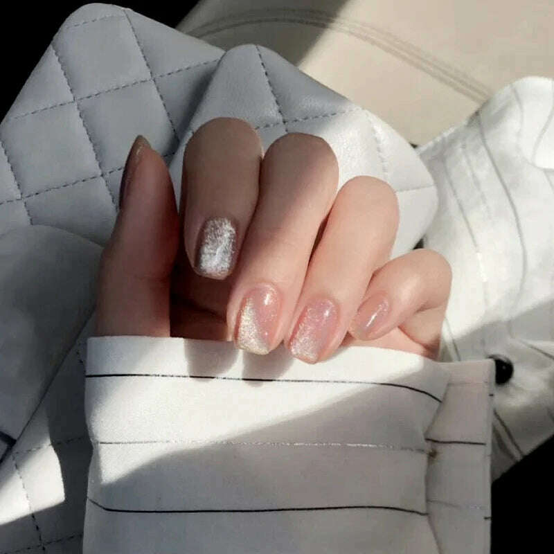 24pcs/box Cat Eye Phototherapy Nail Patch Wearable Fake Nail Short False Nail Wedding For Winter Autumn wearable full cover - KIMLUD