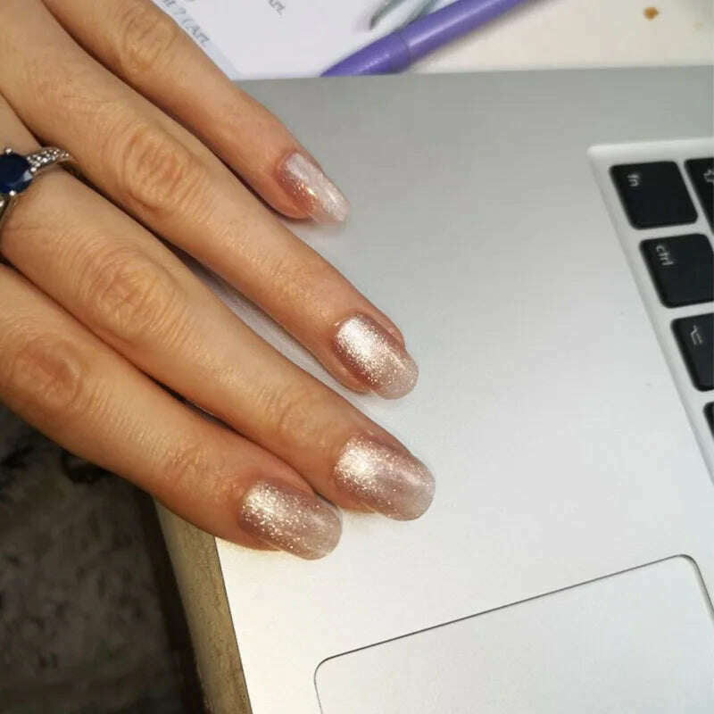 24pcs/box Cat Eye Phototherapy Nail Patch Wearable Fake Nail Short False Nail Wedding For Winter Autumn wearable full cover - KIMLUD