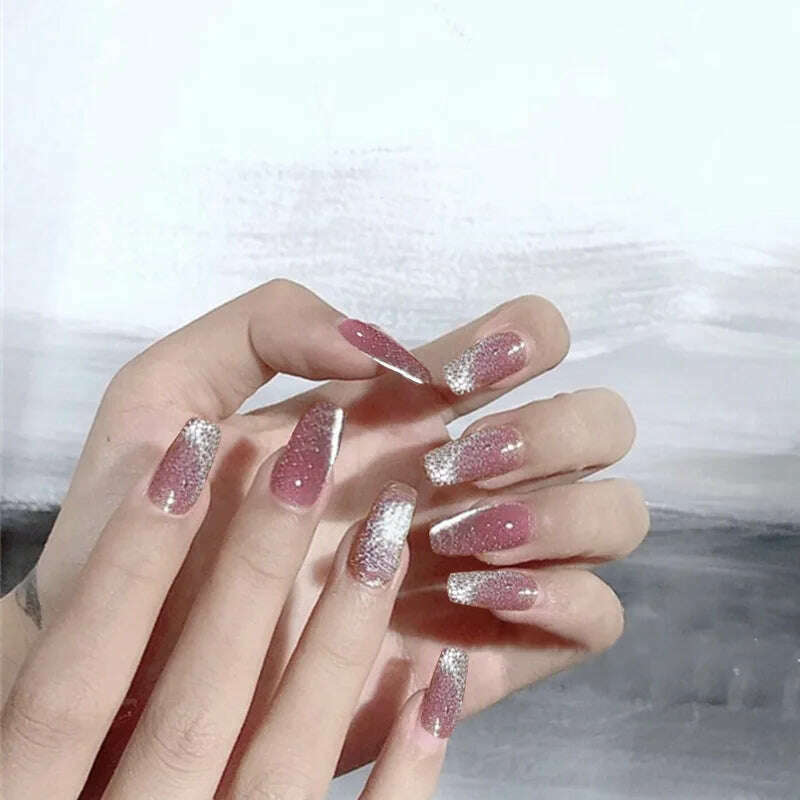 24pcs/box Cat Eye Phototherapy Nail Patch Wearable Fake Nail Short False Nail Wedding For Winter Autumn wearable full cover - KIMLUD