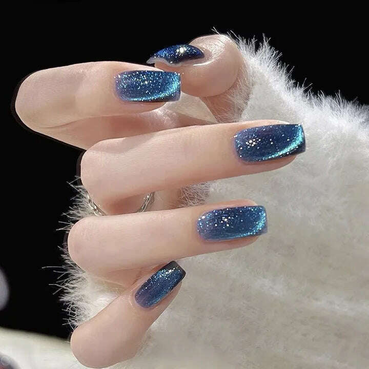 24pcs/box Cat Eye Phototherapy Nail Patch Wearable Fake Nail Short False Nail Wedding For Winter Autumn wearable full cover - KIMLUD