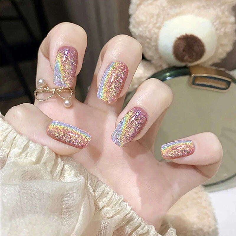 24pcs/box Cat Eye Phototherapy Nail Patch Wearable Fake Nail Short False Nail Wedding For Winter Autumn wearable full cover - KIMLUD