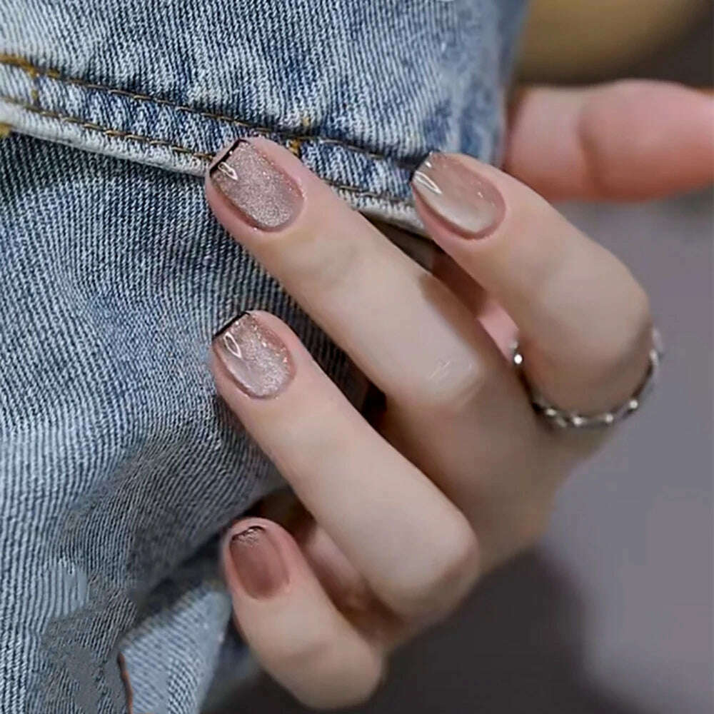 24pcs/box Cat Eye Phototherapy Nail Patch Wearable Fake Nail Short False Nail Wedding For Winter Autumn wearable full cover - KIMLUD