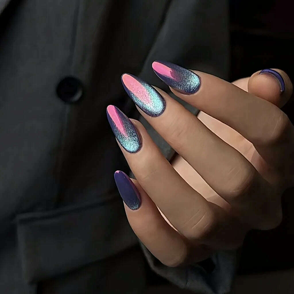 24pcs/box Cat Eye Phototherapy Nail Patch Wearable Fake Nail Short False Nail Wedding For Winter Autumn wearable full cover - KIMLUD