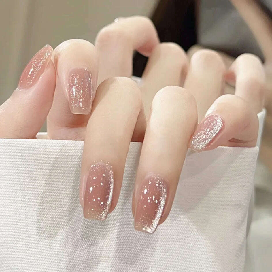 24pcs/box Cat Eye Phototherapy Nail Patch Wearable Fake Nail Short False Nail Wedding For Winter Autumn wearable full cover - KIMLUD