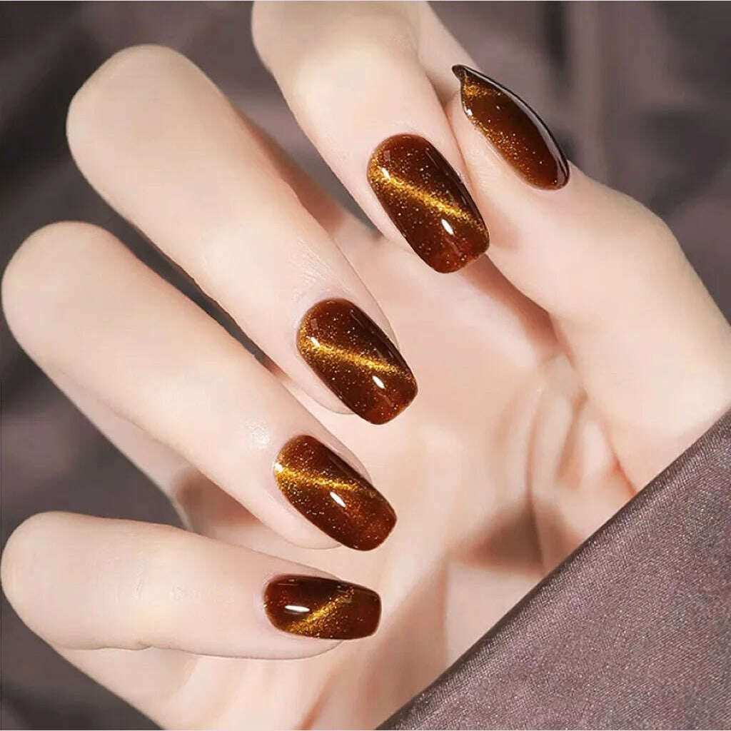 24pcs/box Cat Eye Phototherapy Nail Patch Wearable Fake Nail Short False Nail Wedding For Winter Autumn wearable full cover - KIMLUD