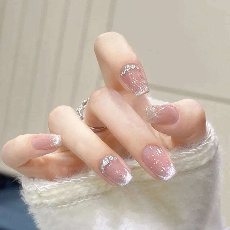 24pcs/box Cat Eye Phototherapy Nail Patch Wearable Fake Nail Short False Nail Wedding For Winter Autumn wearable full cover - KIMLUD