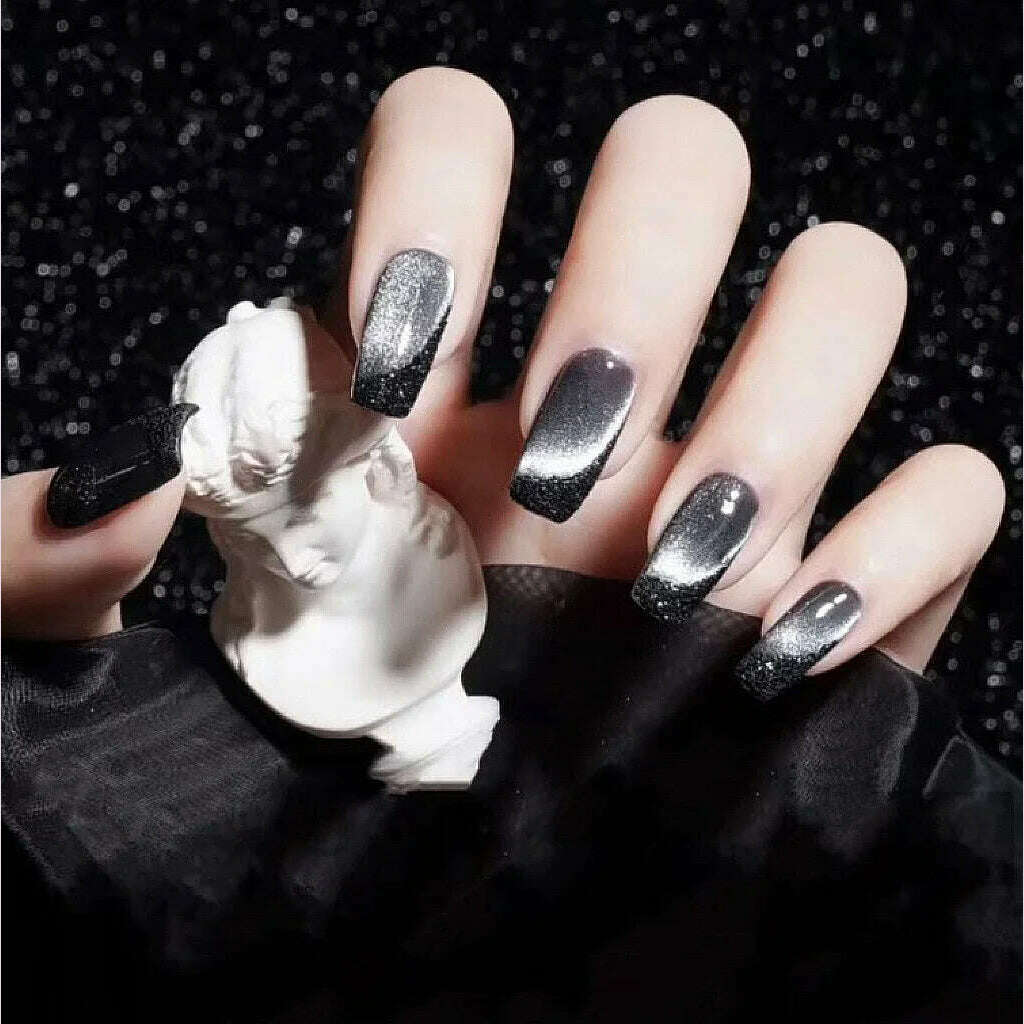 24pcs/box Cat Eye Phototherapy Nail Patch Wearable Fake Nail Short False Nail Wedding For Winter Autumn wearable full cover - KIMLUD
