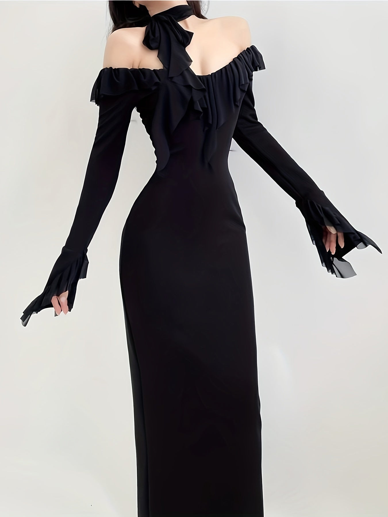 Off-shoulder Ruffle Trim Dress, Lace Decor Long Sleeve Bodycon Dress, Women's Clothing