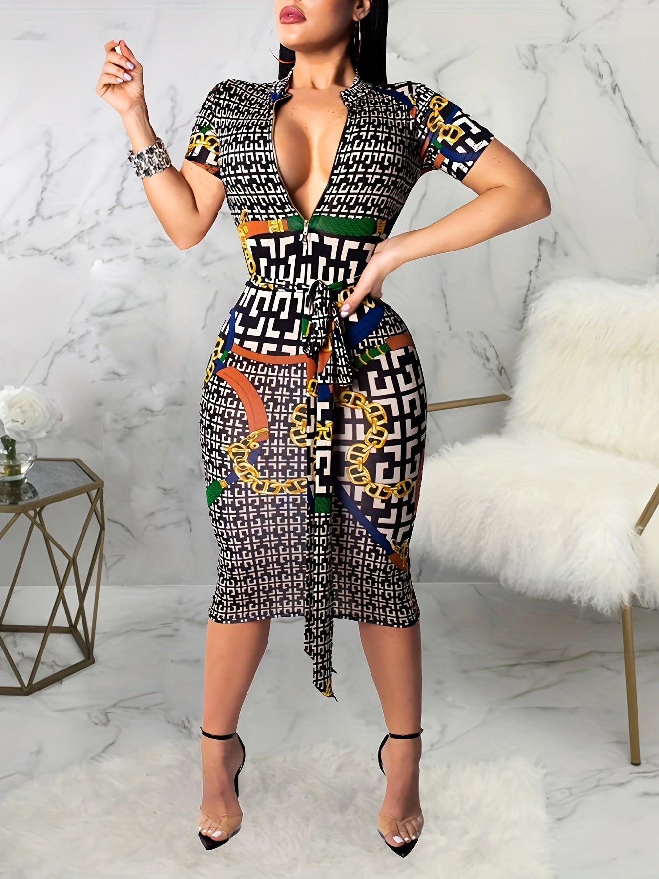 Vibrant Geo Print Zipper Belted Bodycon Dress - Short Sleeve, Casual, Spring & Summer Essential, Women's Fashion Clothing for Everyday Wear