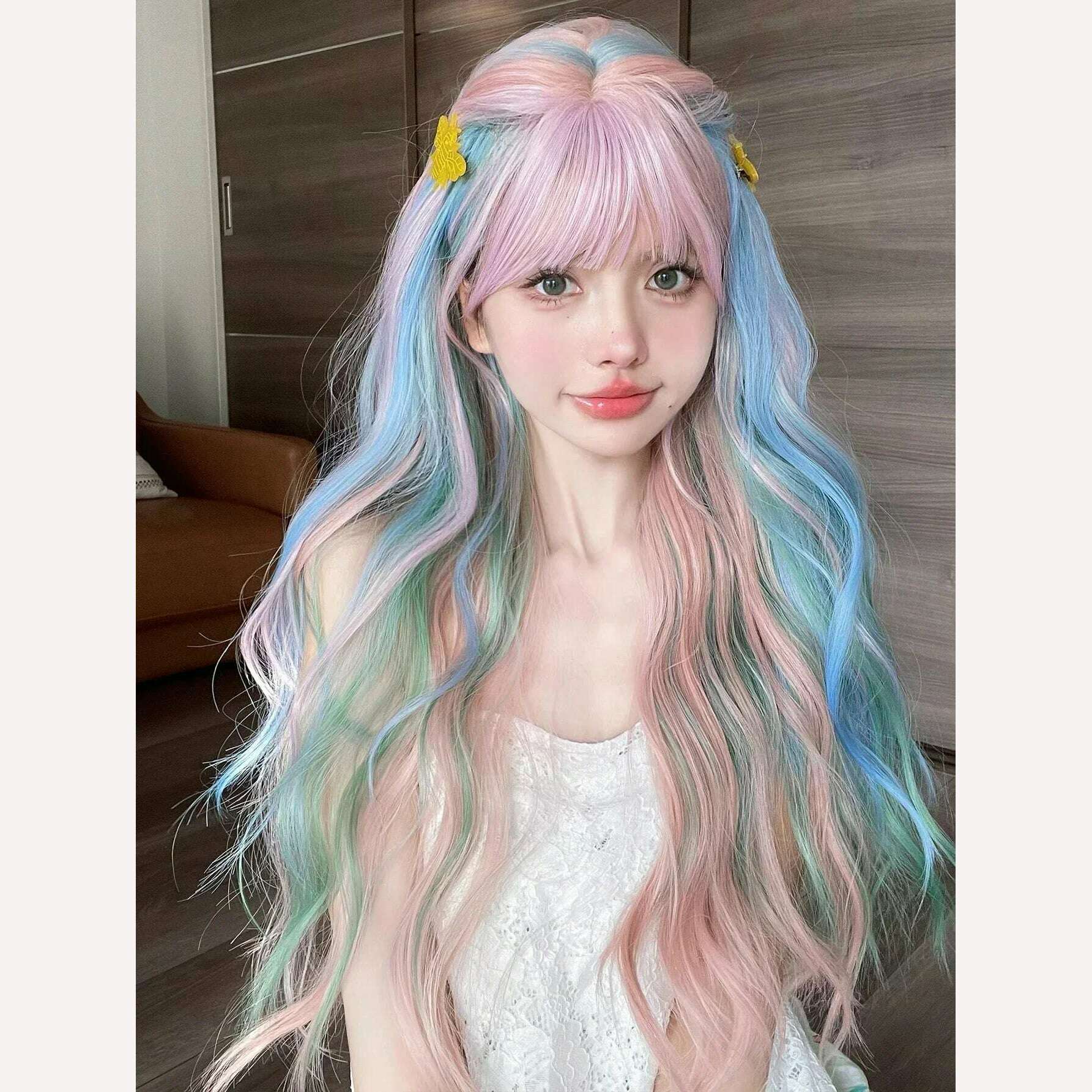 KIMLUD, 28Inch Iridescent Rainbow Color Multicolour Synthetic Wigs with Bang Long Natural Wavy Hair Wig for Women Cosplay Heat Resistant, KIMLUD Womens Clothes
