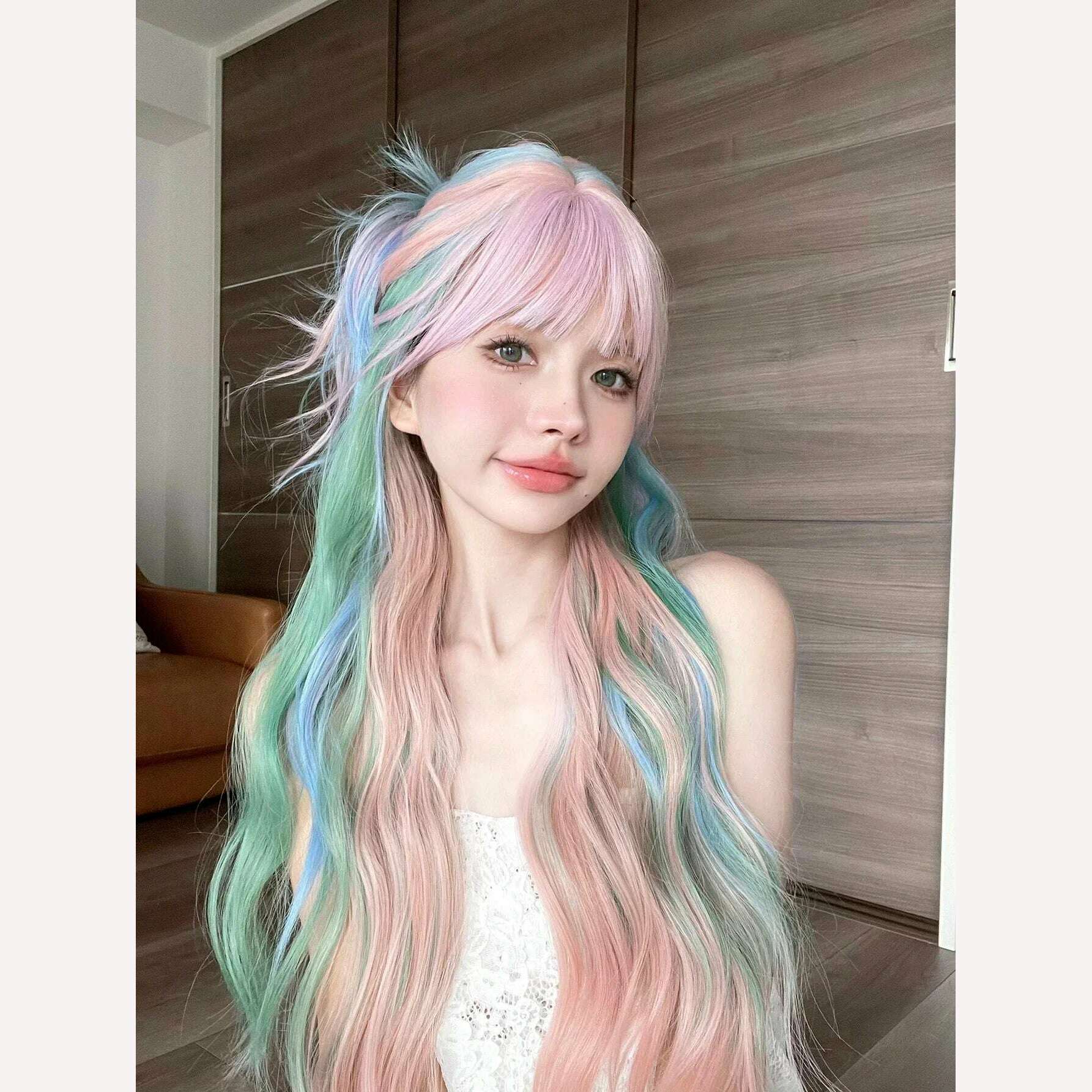 KIMLUD, 28Inch Iridescent Rainbow Color Multicolour Synthetic Wigs with Bang Long Natural Wavy Hair Wig for Women Cosplay Heat Resistant, KIMLUD Womens Clothes