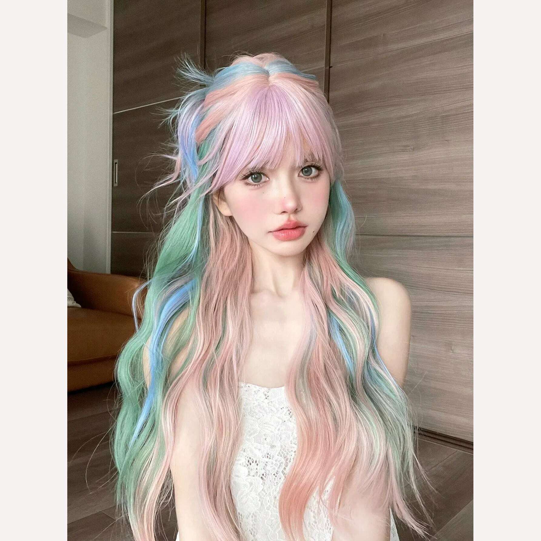 KIMLUD, 28Inch Iridescent Rainbow Color Multicolour Synthetic Wigs with Bang Long Natural Wavy Hair Wig for Women Cosplay Heat Resistant, Multicolour, KIMLUD Womens Clothes