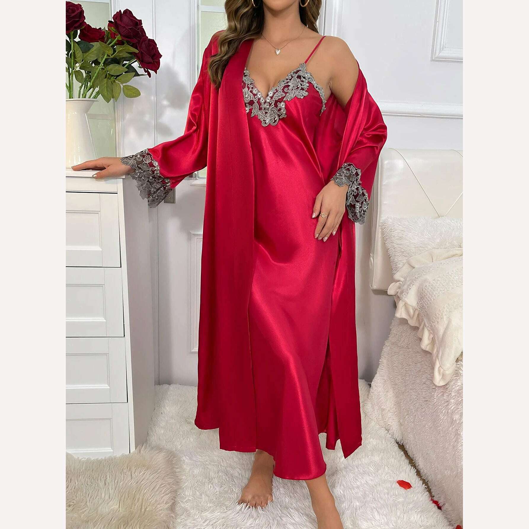 KIMLUD, 2cs Contrast Lace  Long Sleeve Belted Robe V Neck Slip Dress Sexy Elegant Women Pajamas  Sets, Red / XL, KIMLUD Women's Clothes