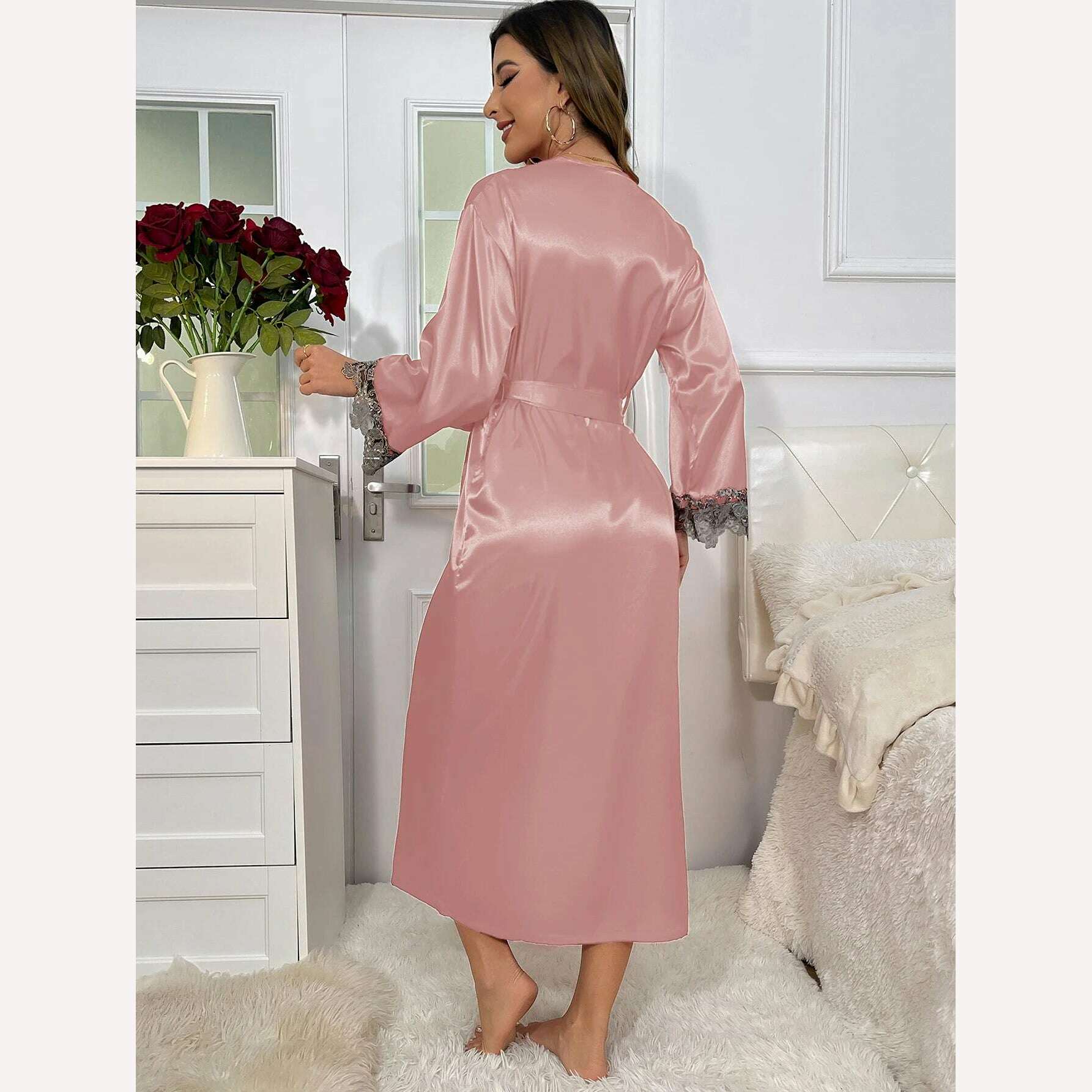 KIMLUD, 2cs Contrast Lace  Long Sleeve Belted Robe V Neck Slip Dress Sexy Elegant Women Pajamas  Sets, KIMLUD Women's Clothes