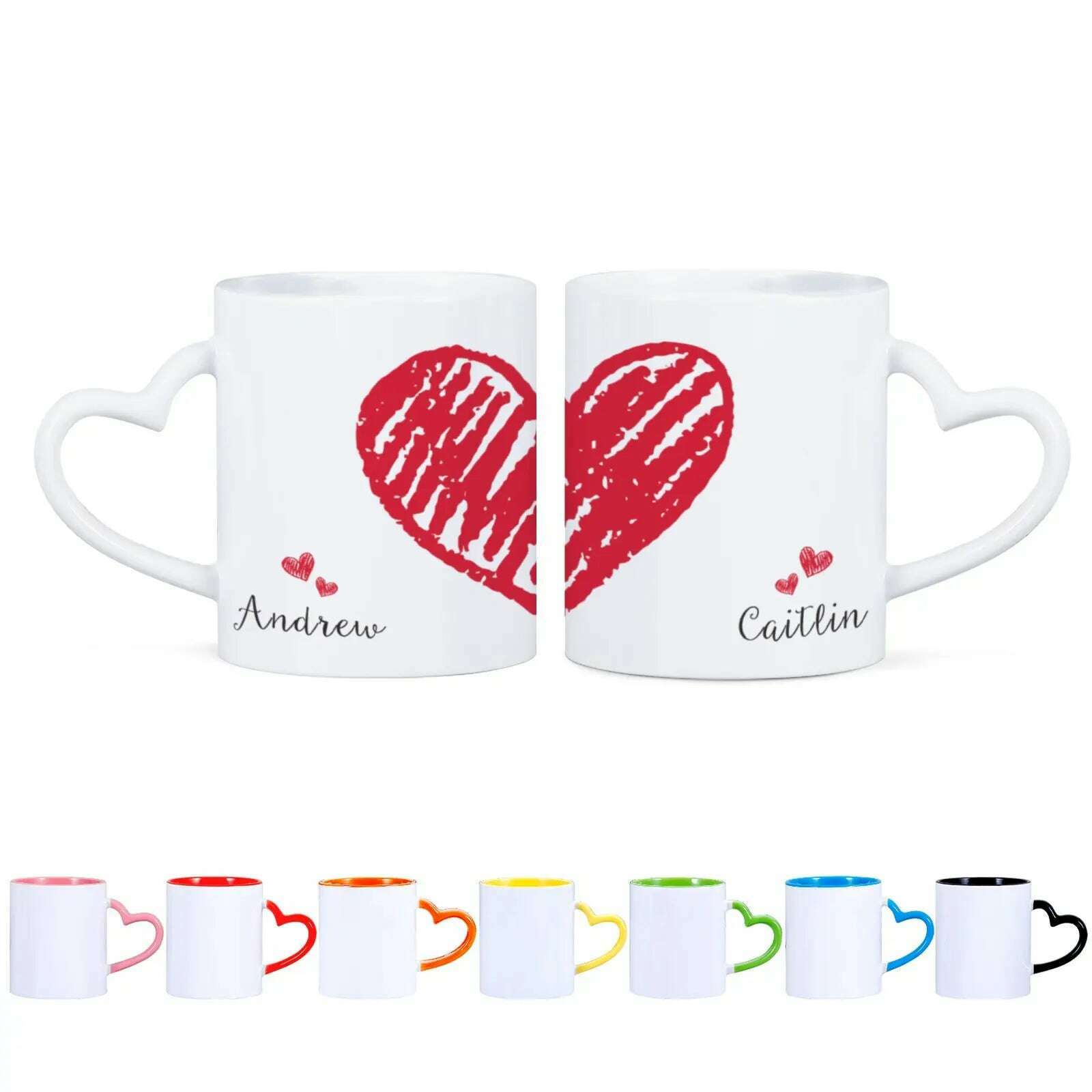 2pc Heart Handle Personalized Name Couple Coffee Mug for Girlfriend Wife Husband Valentine's Day present for Couples Coffee Mugs - KIMLUD