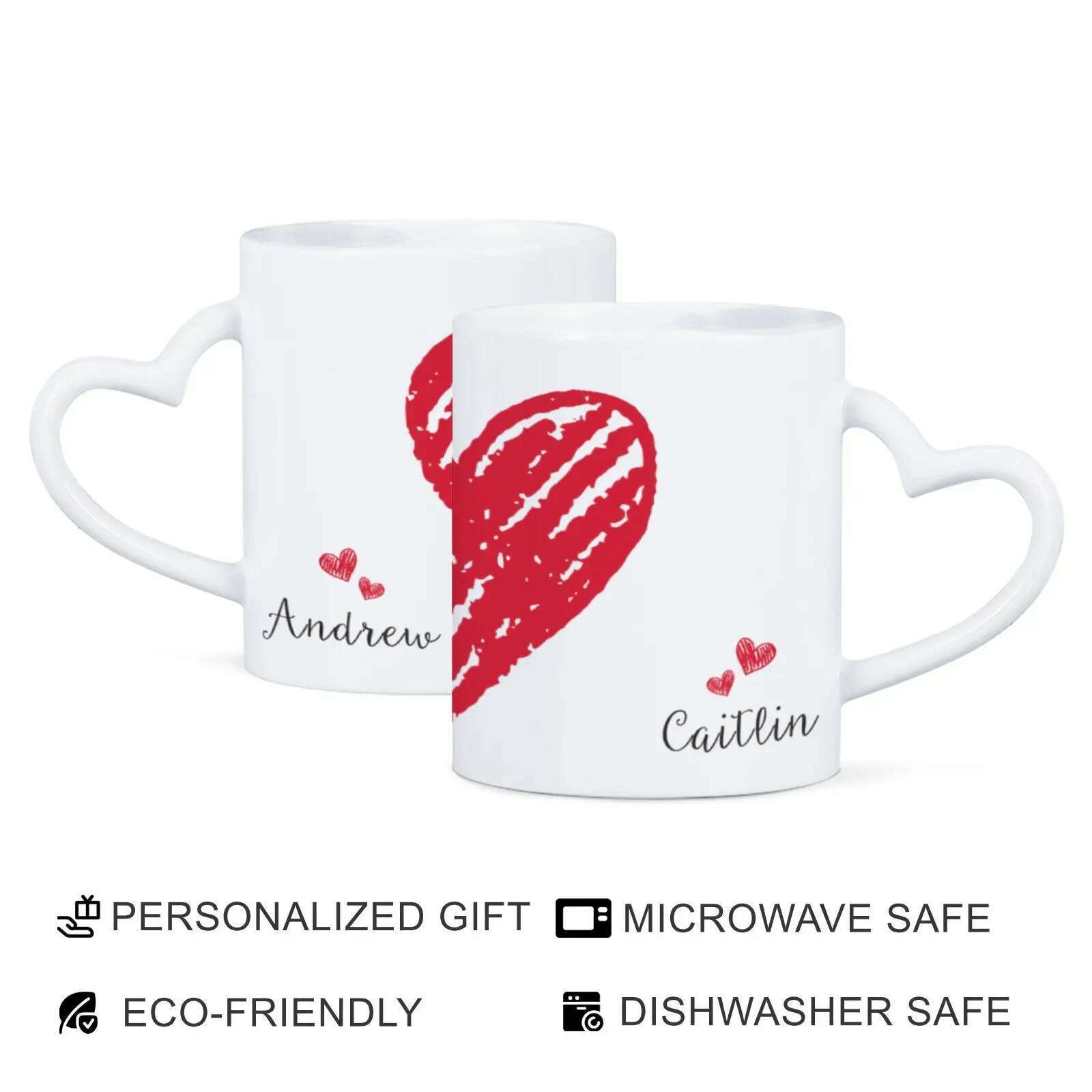 2pc Heart Handle Personalized Name Couple Coffee Mug for Girlfriend Wife Husband Valentine's Day present for Couples Coffee Mugs - KIMLUD