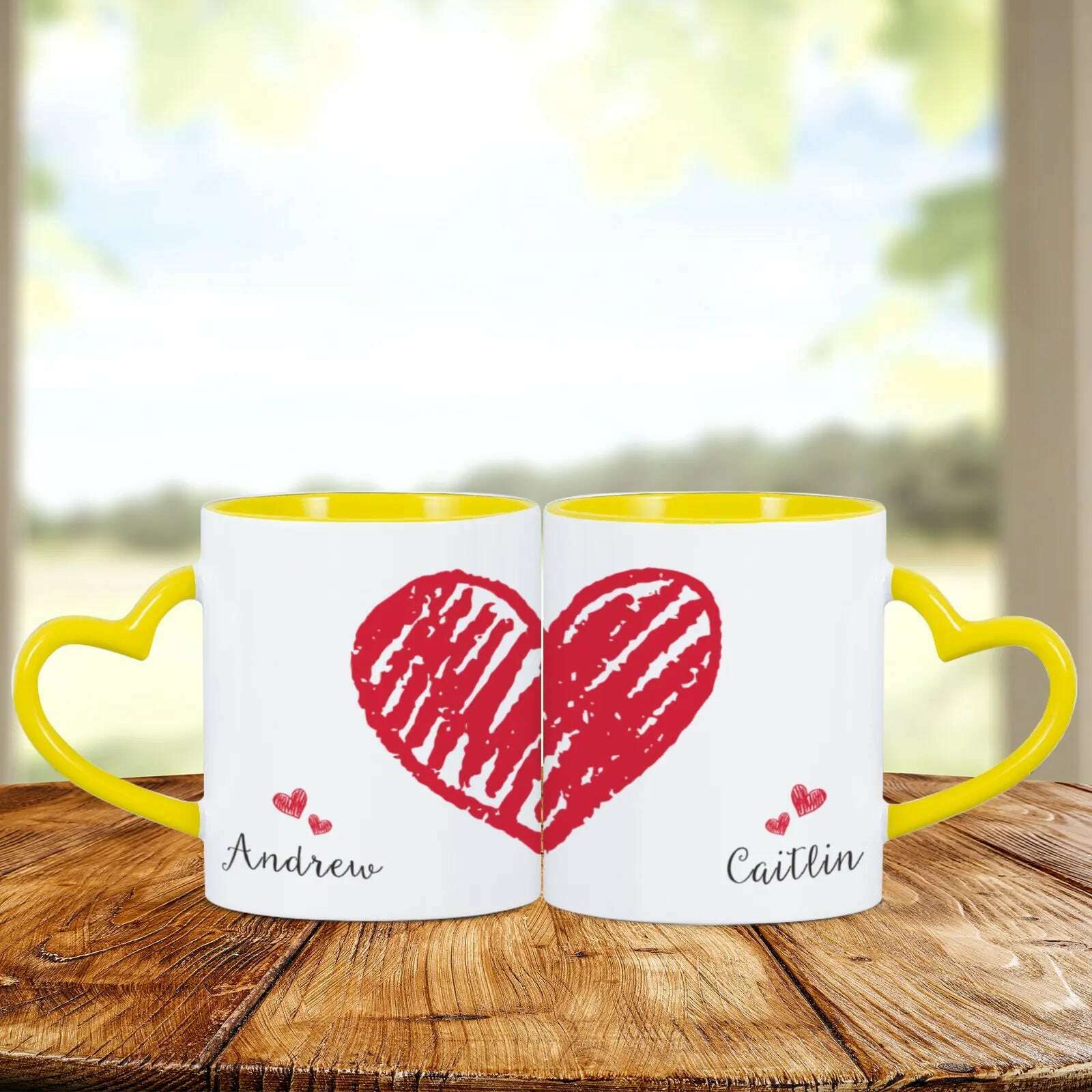 KIMLUD, 2pc Heart Handle Personalized Name Couple Coffee Mug for Girlfriend Wife Husband Valentine's Day present for Couples Coffee Mugs, Yellow / 325ml, KIMLUD Women's Clothes