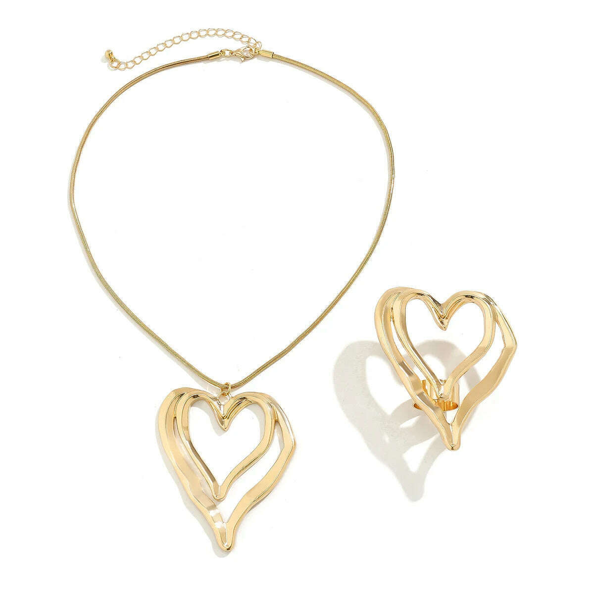 2Pcs Punk Vintage Big Hollow Love Heart Pendant Choker Necklace for Women Rose Flower Rings Wed Bridal Jewelry Set Steampunk New - KIMLUD