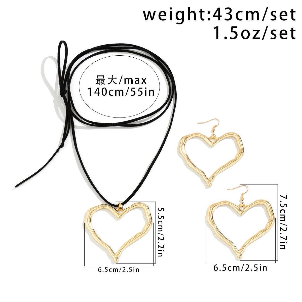 KIMLUD, 2Pcs/Set Exaggerated Big Hollow Love Heart Pendant Choker Necklace Bracelet for Women Adjustable Rope Chain Y2K Jewelry Set Gift, KIMLUD Womens Clothes