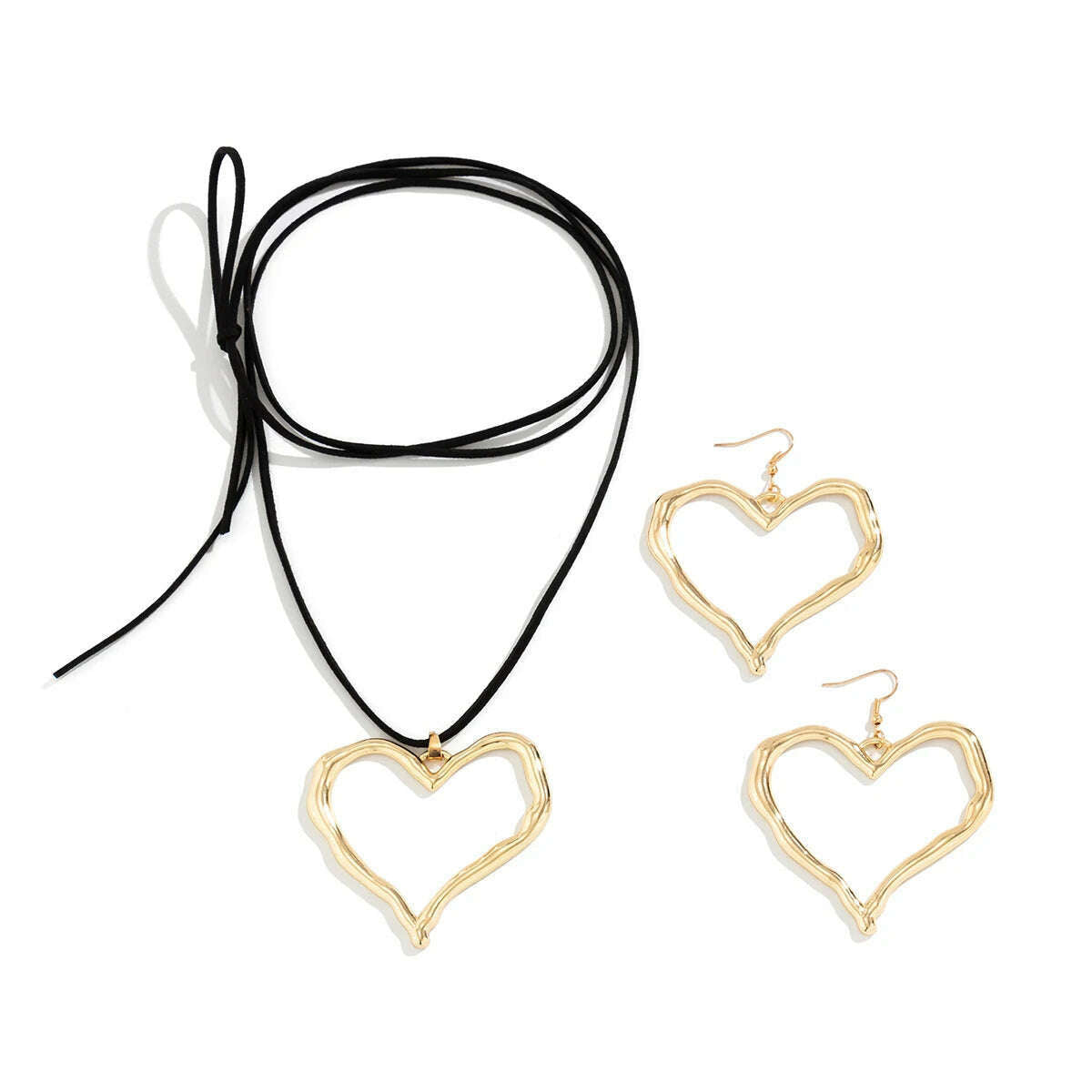 KIMLUD, 2Pcs/Set Exaggerated Big Hollow Love Heart Pendant Choker Necklace Bracelet for Women Adjustable Rope Chain Y2K Jewelry Set Gift, KIMLUD Womens Clothes