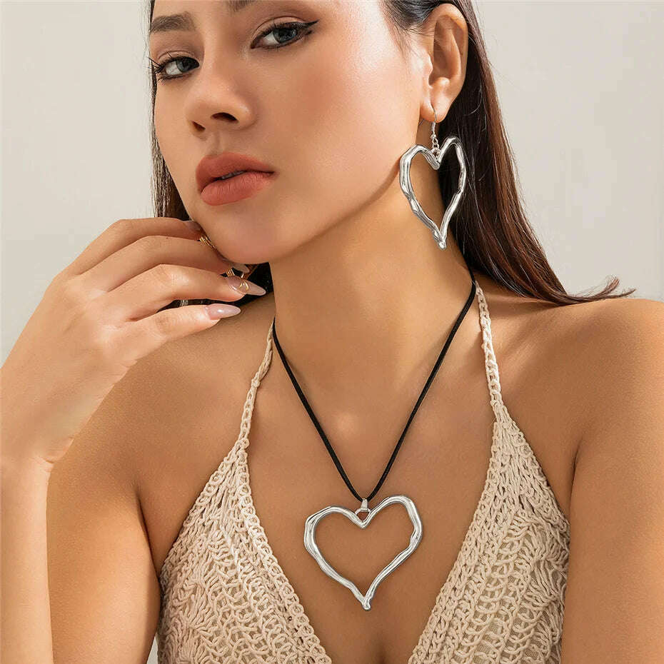 KIMLUD, 2Pcs/Set Exaggerated Big Hollow Love Heart Pendant Choker Necklace Bracelet for Women Adjustable Rope Chain Y2K Jewelry Set Gift, Silver Set, KIMLUD Womens Clothes