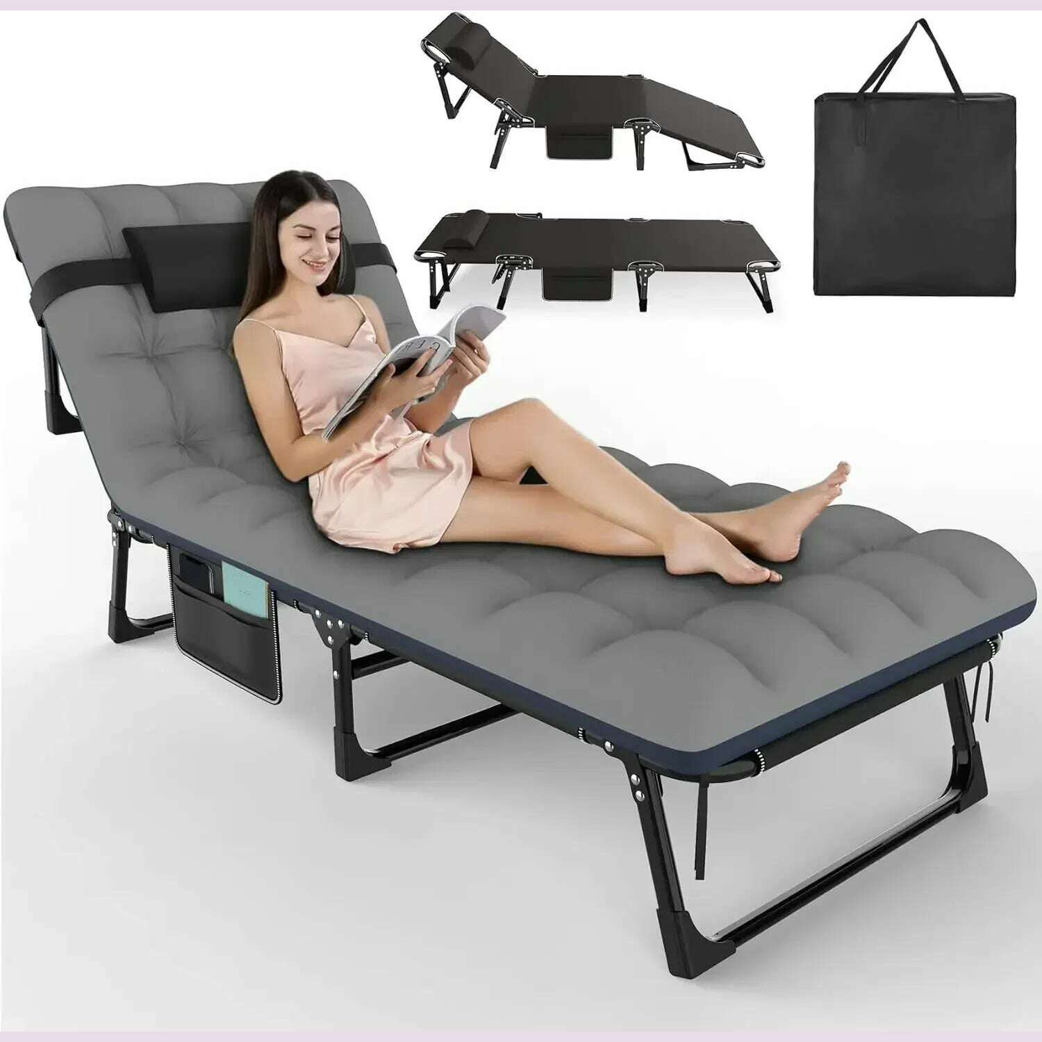 KIMLUD, 3 in 1 Folding Camping Cot Bed, 5 Positions Adjustable Patio Chaise Lounge Chair, Portable Sleeping Cots for Adults with, Gray / United States, KIMLUD APPAREL - Womens Clothes