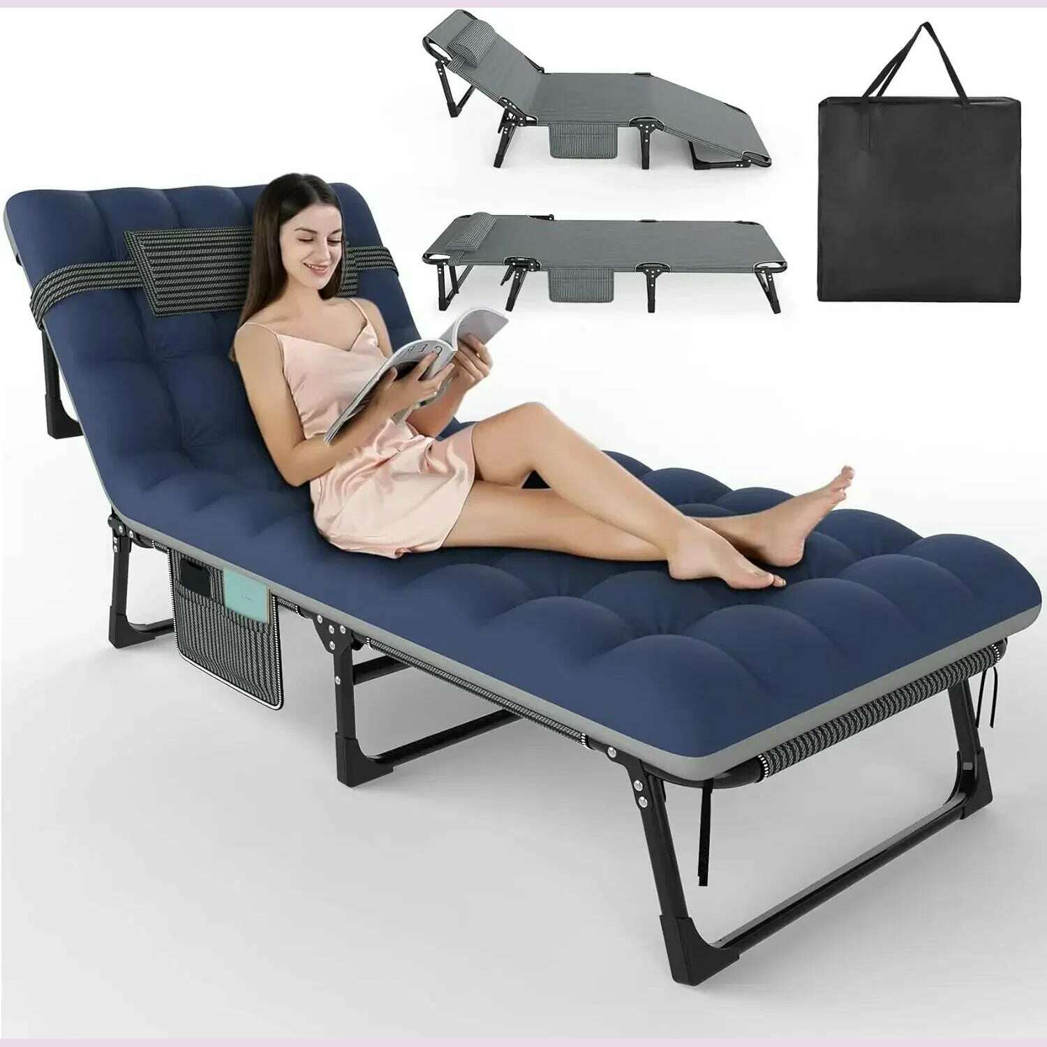 KIMLUD, 3 in 1 Folding Camping Cot Bed, 5 Positions Adjustable Patio Chaise Lounge Chair, Portable Sleeping Cots for Adults with, Gray Blue Pad / United States, KIMLUD APPAREL - Womens Clothes