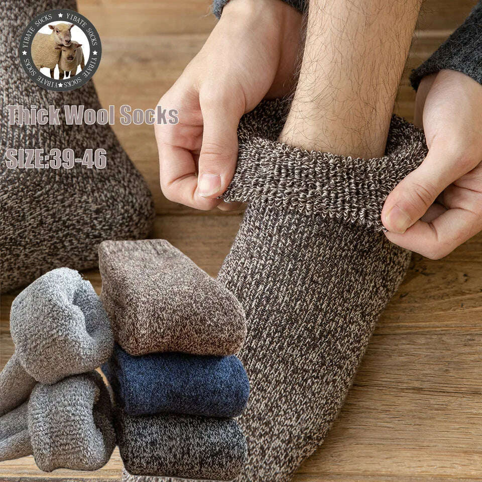 3 Pairs Winter Men's Merino Wool Socks Super Thick Warm High Quality Harajuku Retro Snow Casual Antifreeze Cashmere Socks Men - KIMLUD