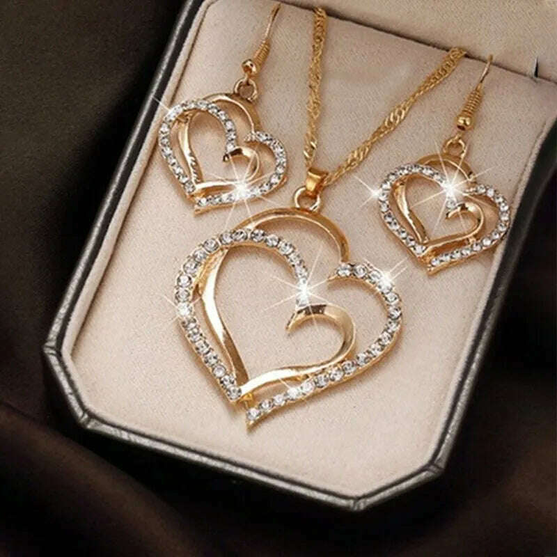 3 Pcs Set Heart Shaped Jewelry Set Of Earrings Pendant Necklace For Women Exquisite Fashion Rhinestone Double Heart Jewelry Set, KIMLUD Women's Clothes